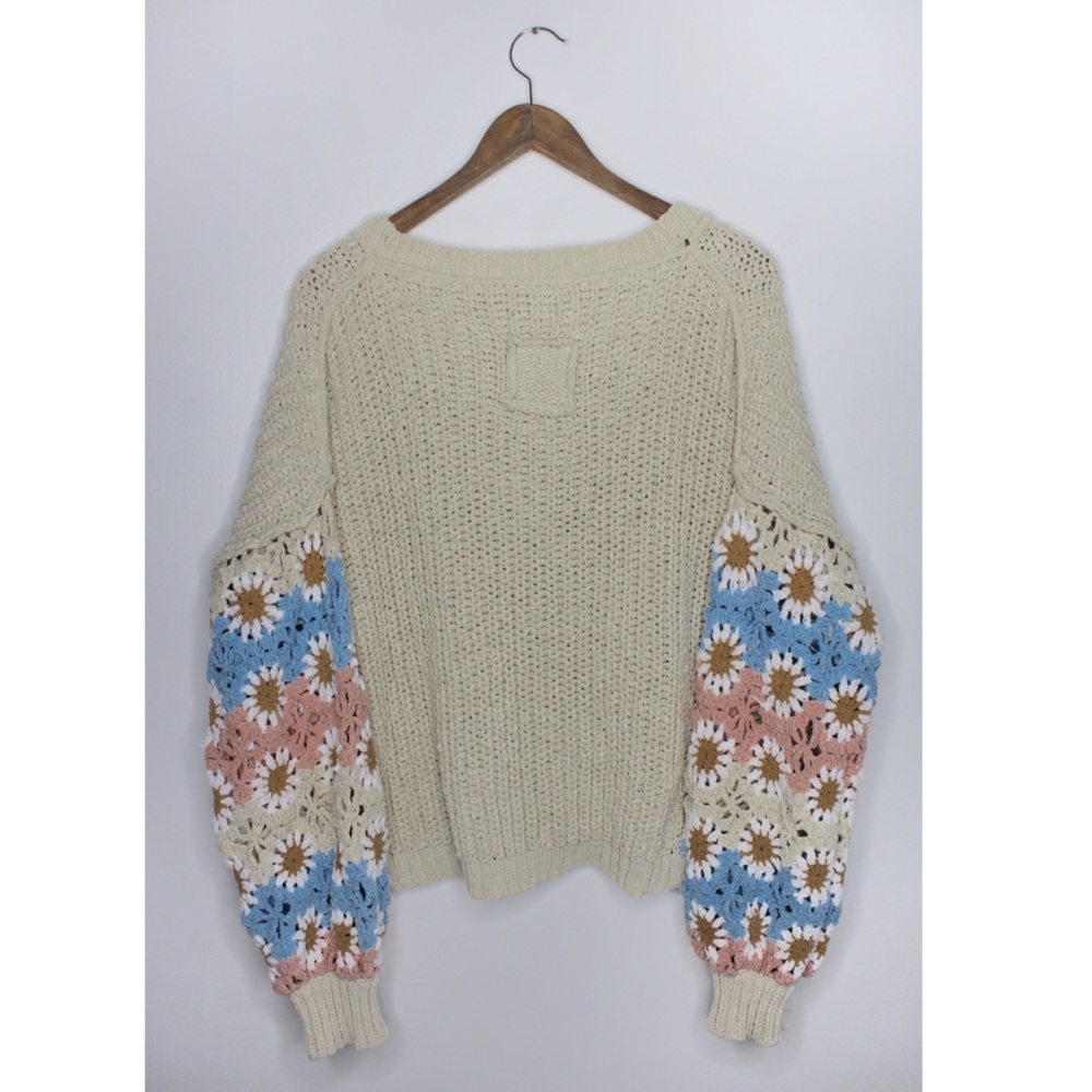 POL EUC Beige Chenille Oversized Granny Square Crochet Sleeves Sweater Medium - Picture 9 of 13